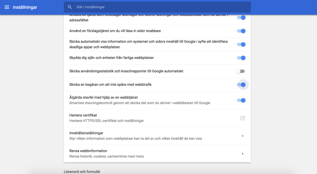 Inställning för Do not track/Spåra inte i Google chrome